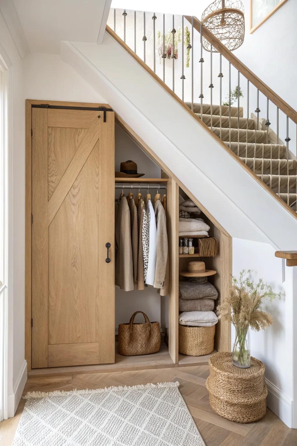 Under-stair oak panels hide a full coat row—plus a slim shelf to stop winter clutter.