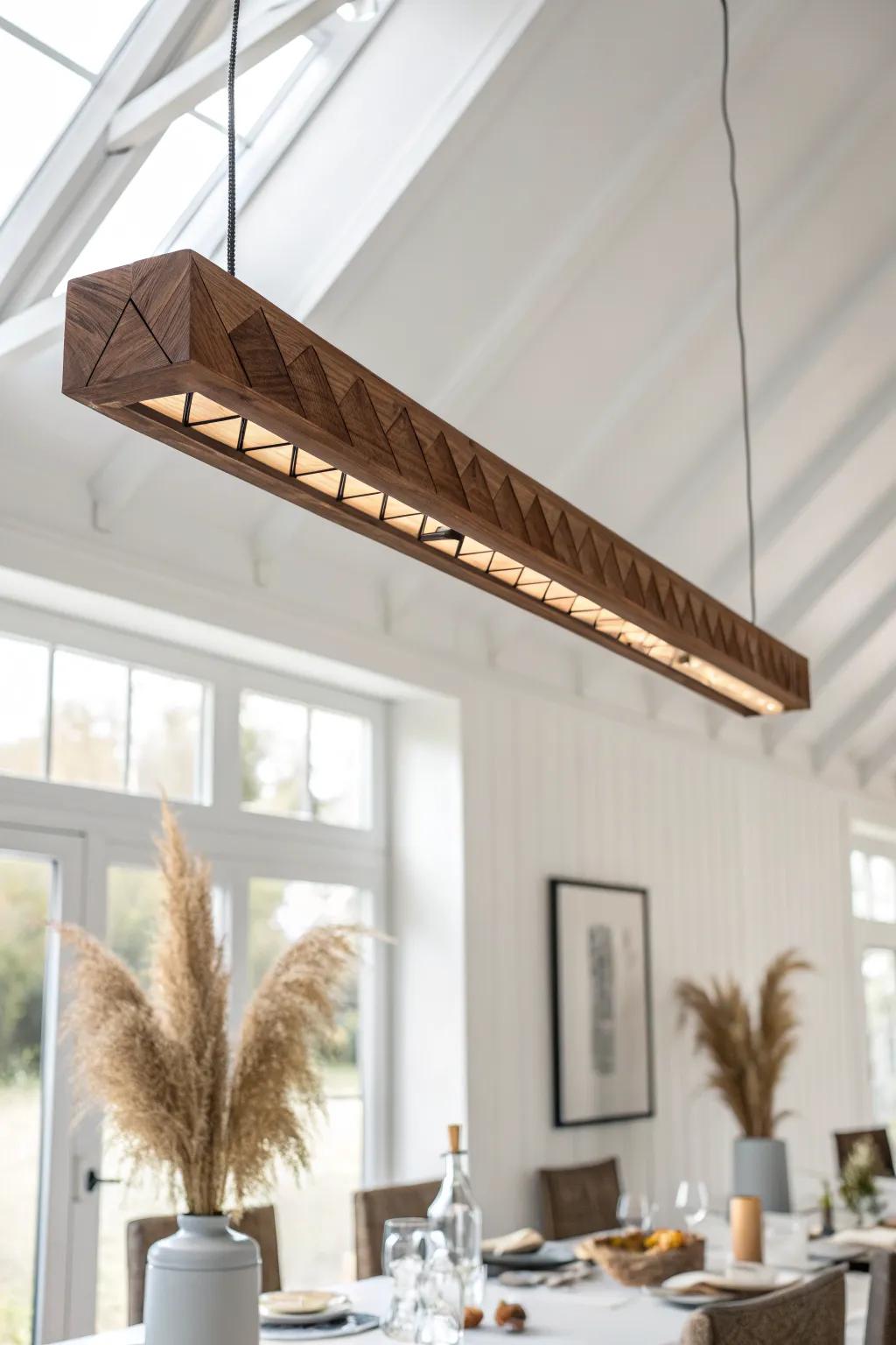 A long linear pendant that visually anchors big dining tables in a high-ceiling room.