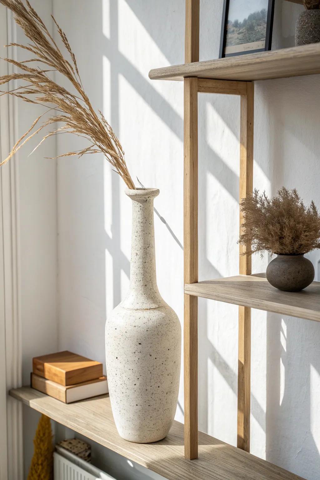 A tall stoneware vase on a high shelf adds clean, designer height with minimal effort.