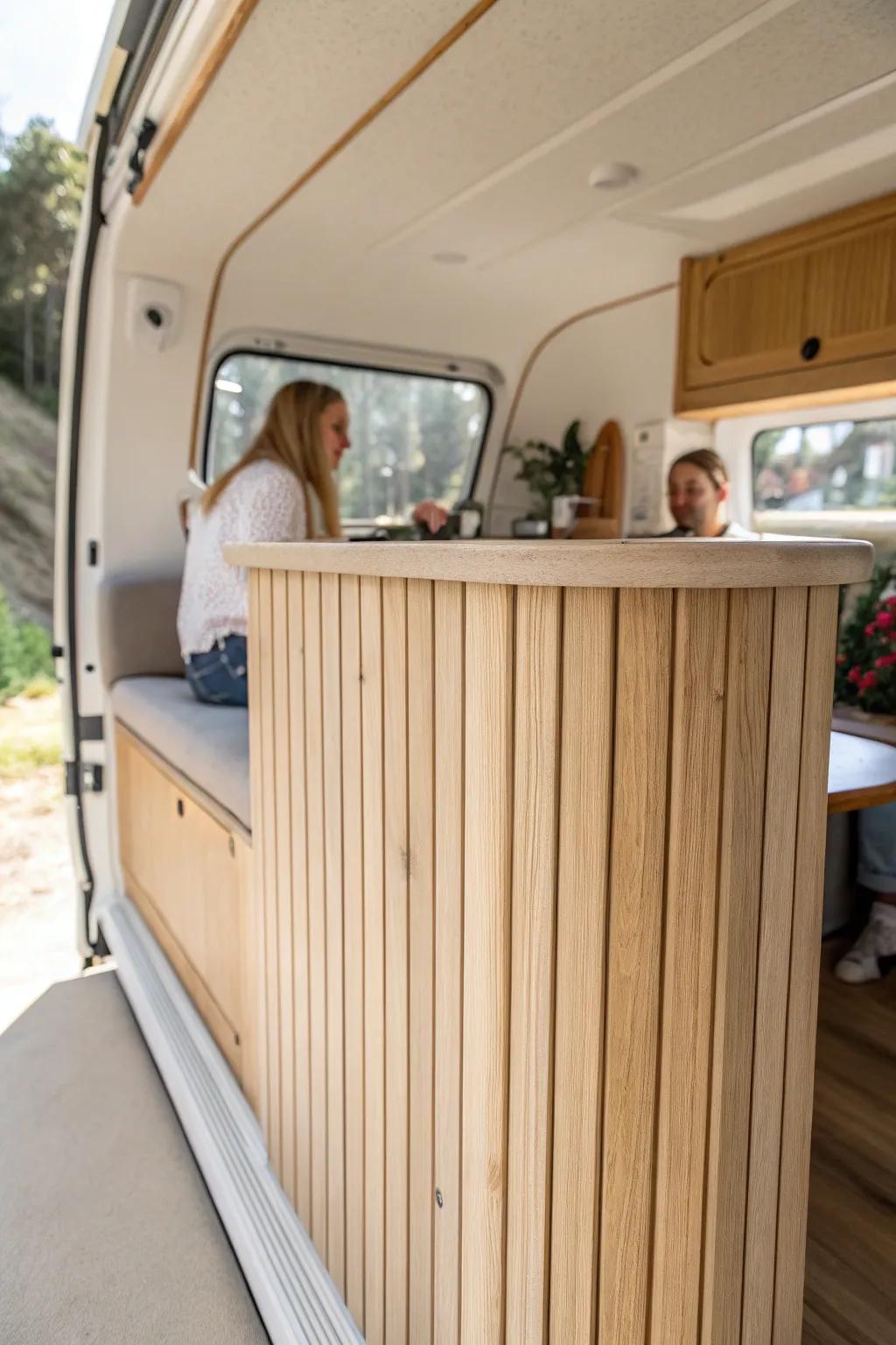 Lightwashed wood slat paneling that brightens a van instantly—airy, calm, and beautifully handmade.