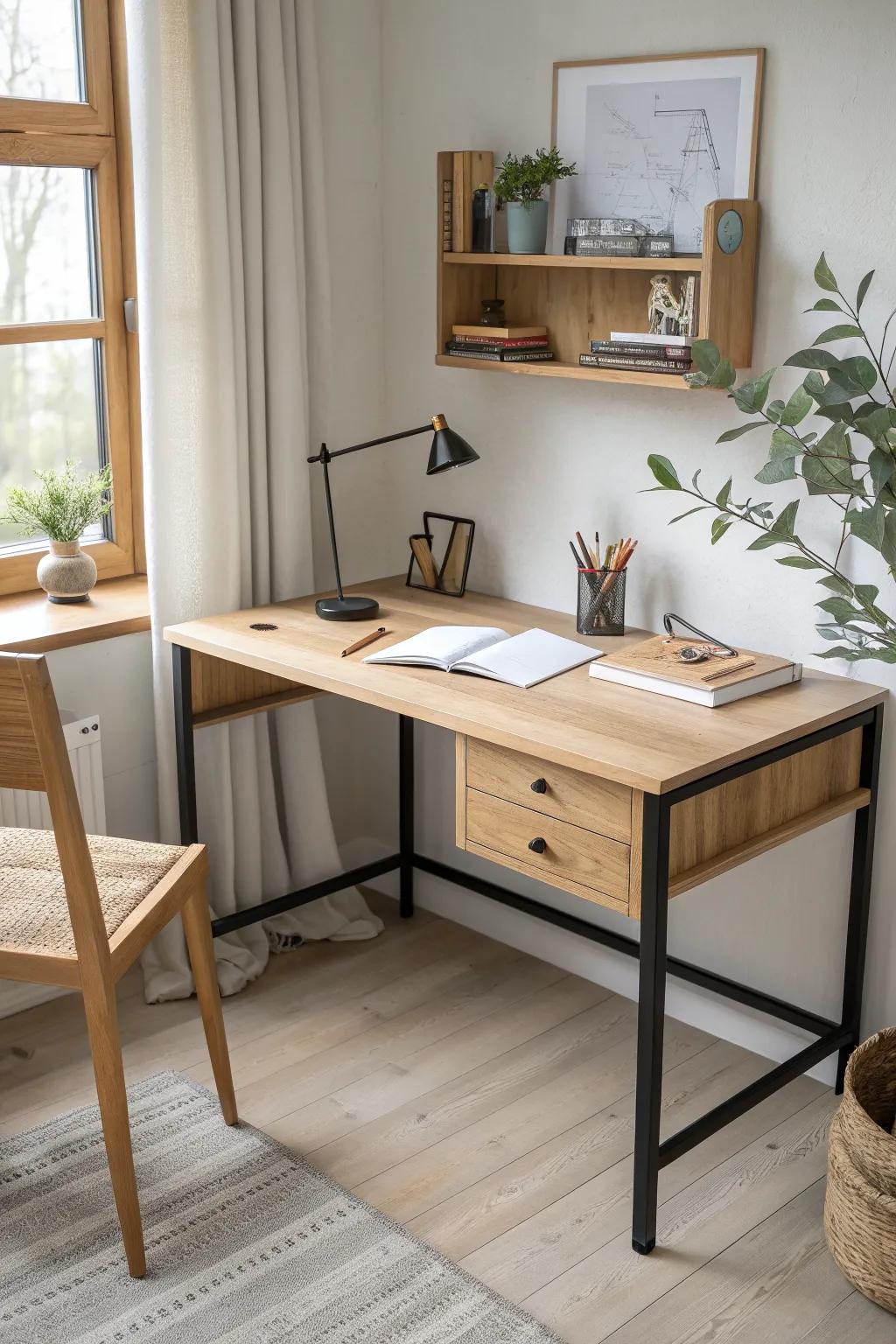 L-shaped corner hobby desk: big workspace, small footprint—messy making on one side, clean on the other.