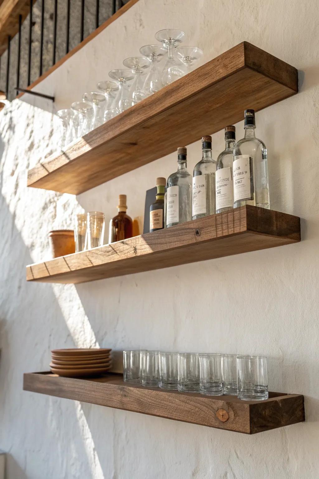 Thick oak floating shelves with hidden brackets—sleek, practical back bar storage.