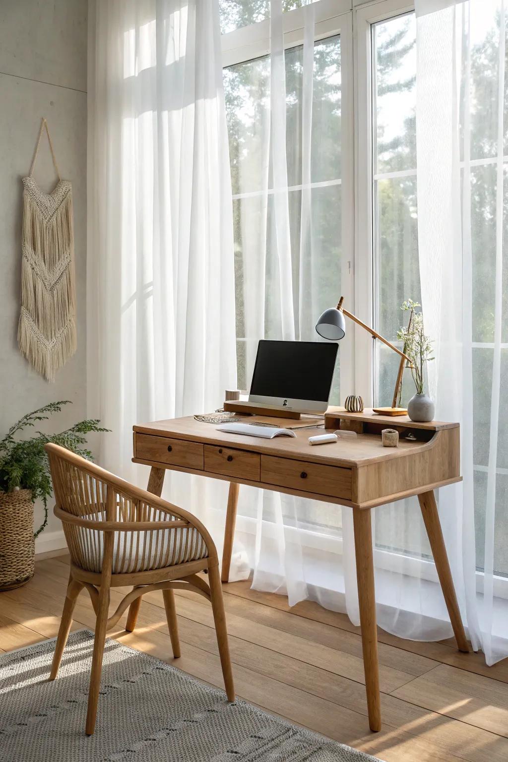 A window-facing oak desk—natural light + warm wood grain for a brighter, calmer workday.