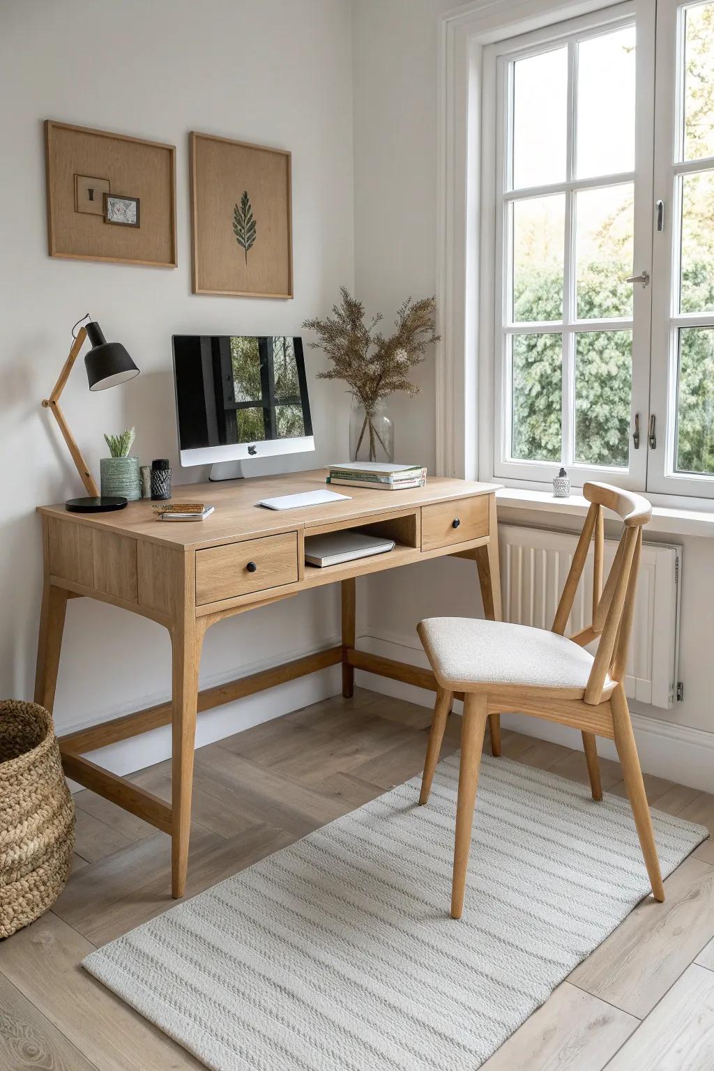 Space-saving corner desk in light oak—minimal, warm, and perfect for a calm home office.