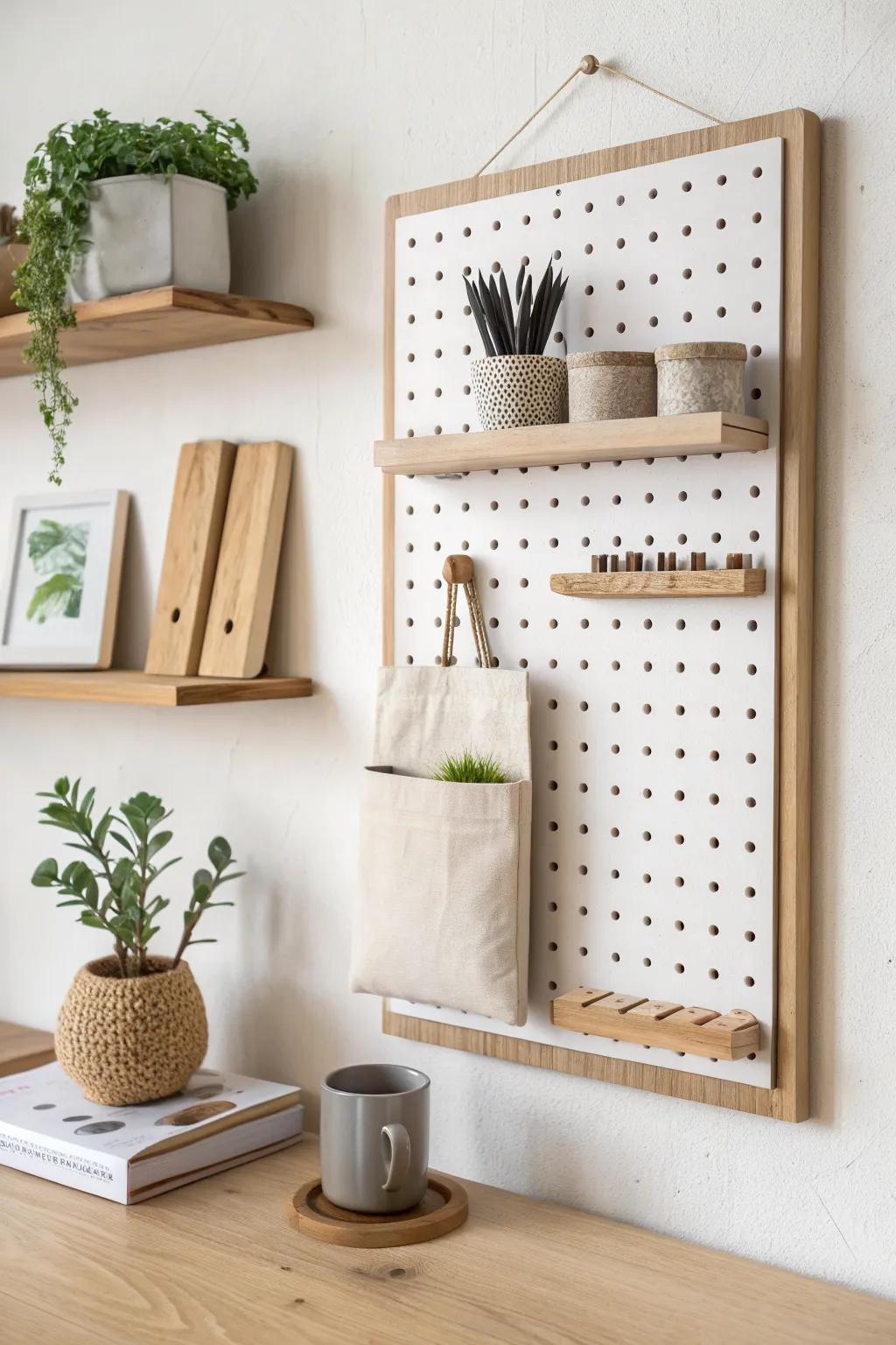 Warm reclaimed-wood framed pegboard—flexible wall organization with calm Scandinavian style.