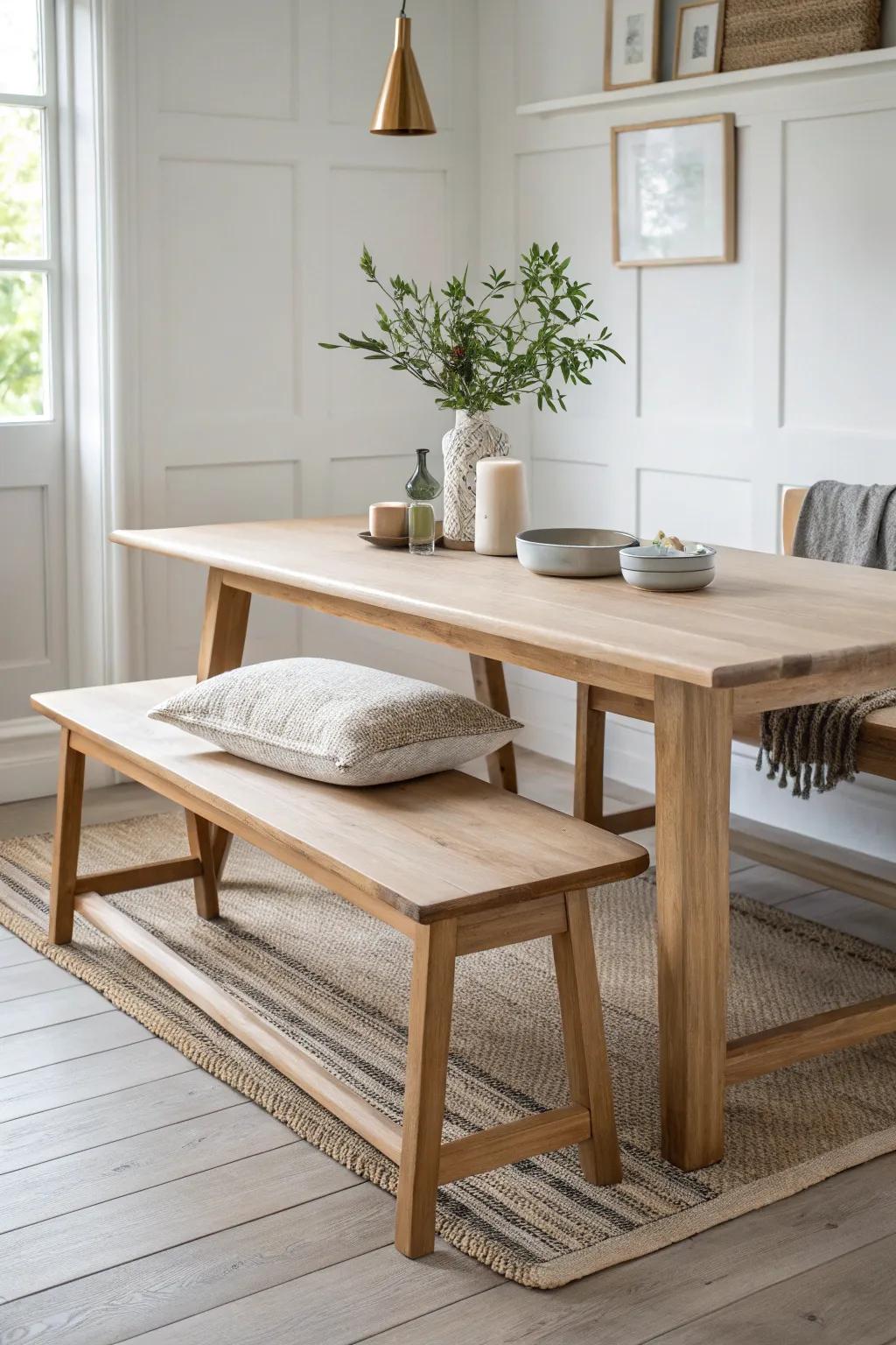 Space-saving bench seating that tucks under the table—beautiful, practical, kid-friendly flow.