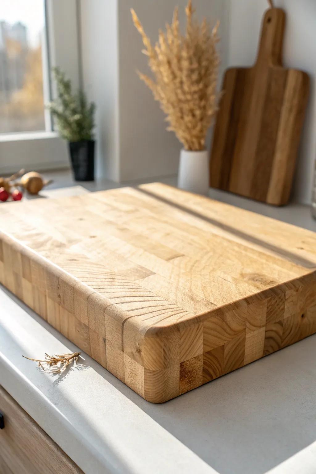 A warm, handcrafted butcher block surface that instantly makes the kitchen feel homey.