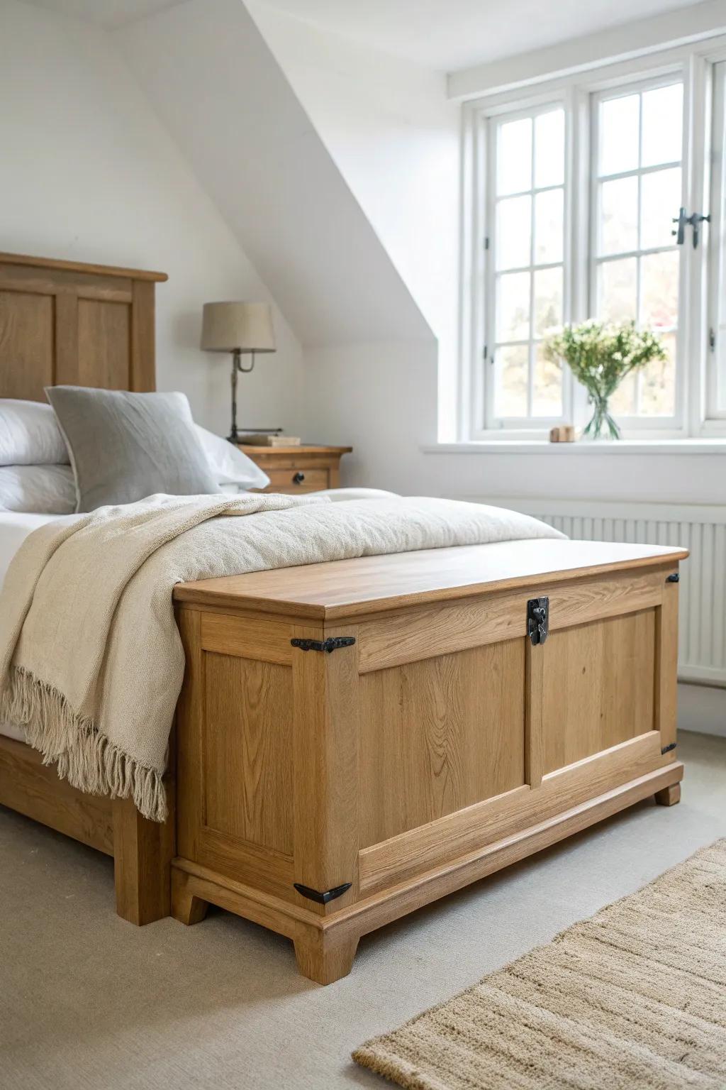 A low, wide oak hope chest that doubles as a foot-of-bed bench—perfect for quilts and linens.