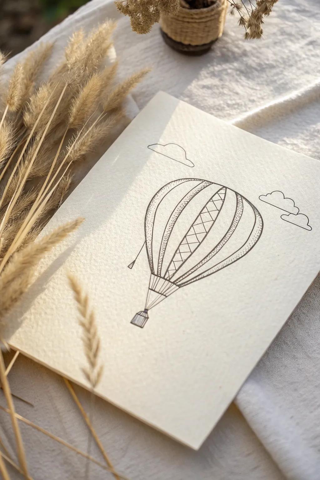 Embrace the simplicity of Scandinavian design with a whimsical hot air balloon line sketch.