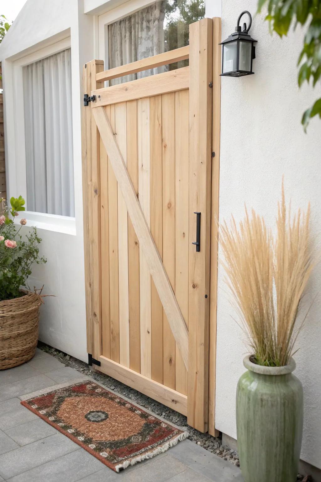 Lightweight cedar-frame gate with vertical pickets—privacy, easy swing, and clean style.