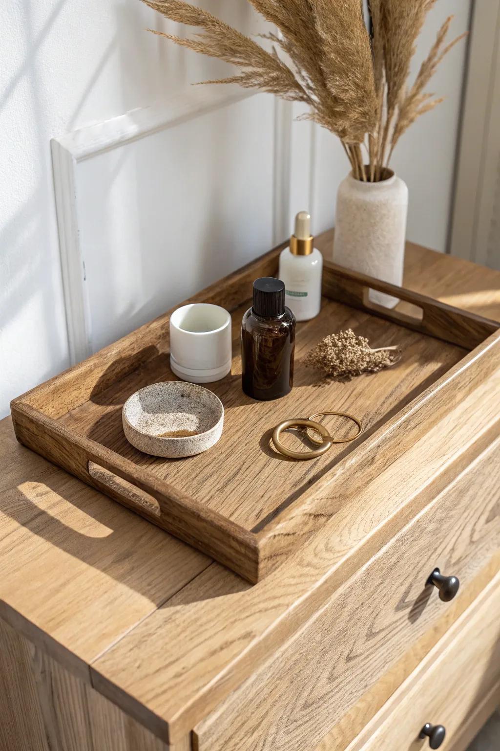 A simple wood tray instantly corrals daily essentials and keeps your dresser top looking serene.