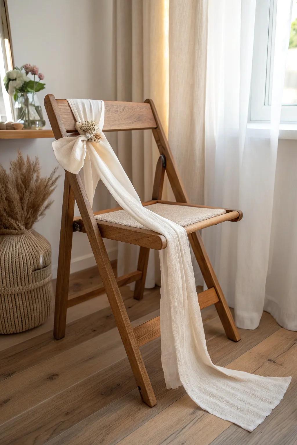 Dress up folding chairs with a soft gauze sash—simple, airy, and beautifully elegant.