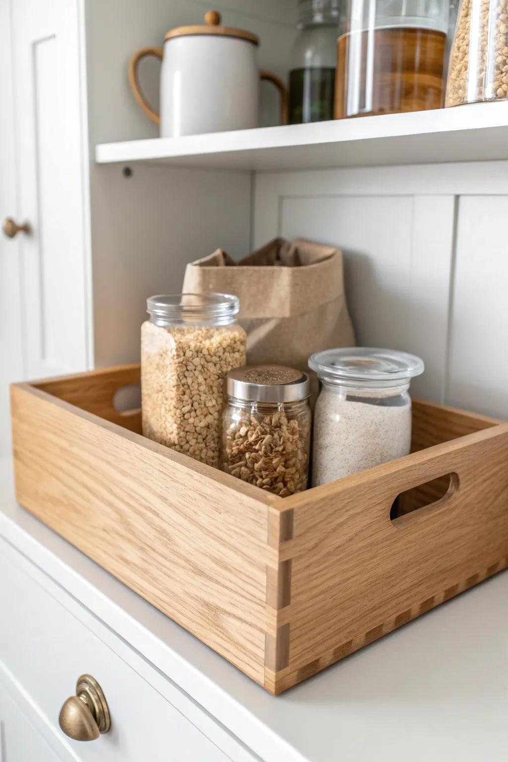 Create simple pantry zones with one beautiful wooden bin—breakfast stays easy to find.