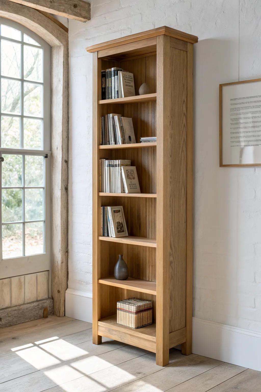 A classic freestanding oak bookcase—simple, movable, and designed to grow with your library.