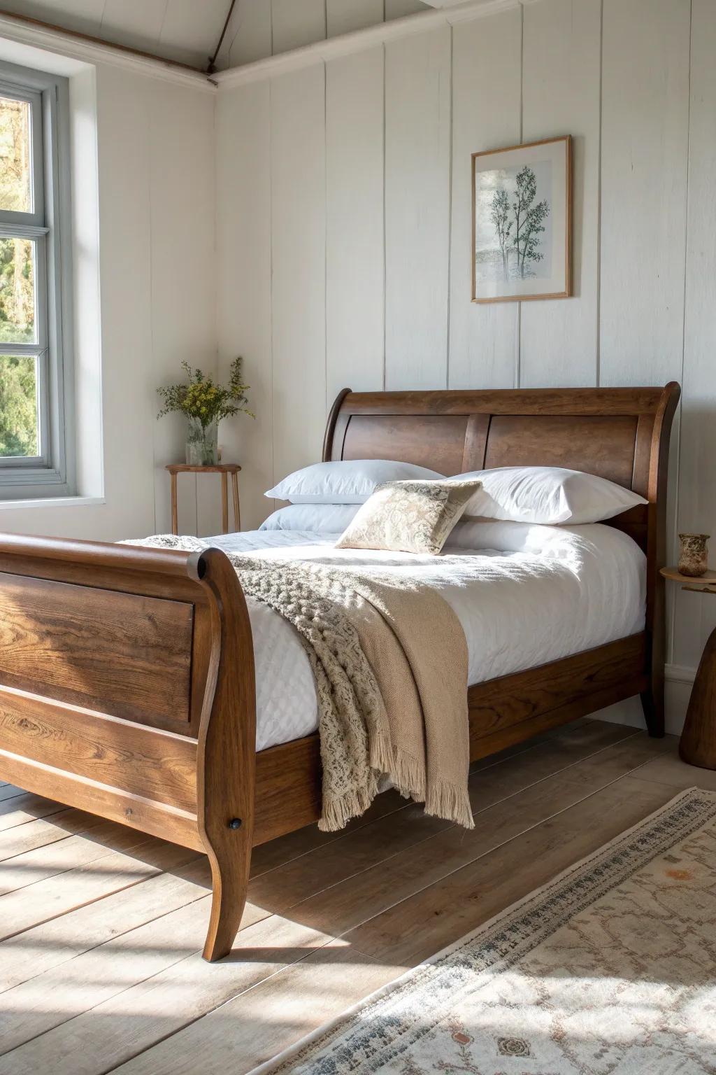 Layered sheets, fluffy duvet, and a folded quilt give the sleigh bed polished coziness.