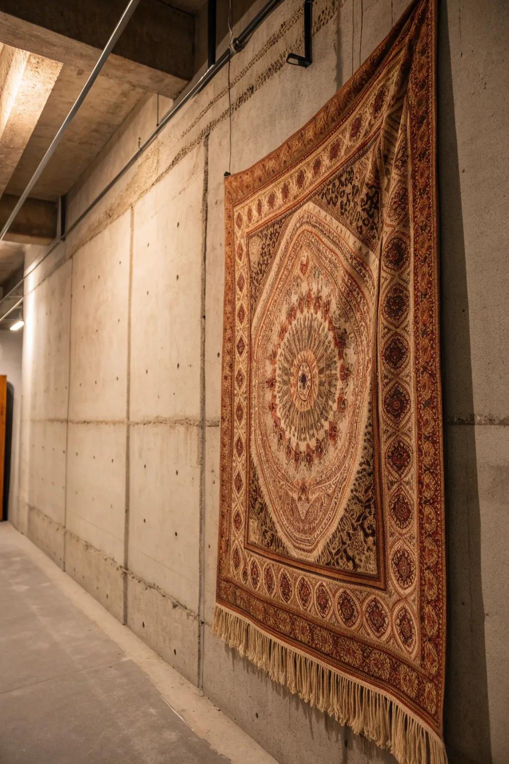 Transform your space with the warmth of vintage tapestries against cool concrete.