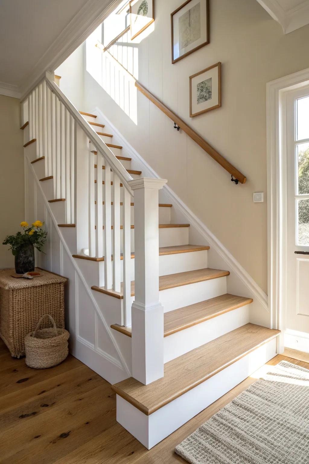Crisp all-white stairs that bounce light beautifully—minimal, airy, and effortlessly timeless.