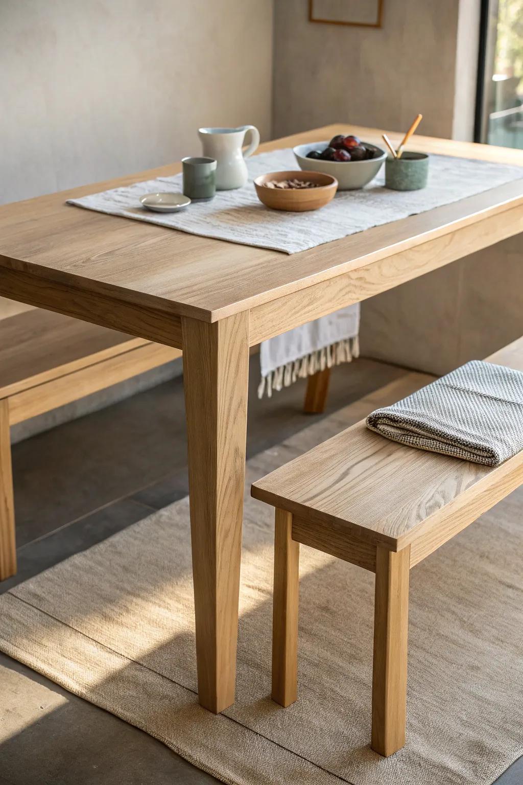 Space-saving square table with a tuck-in bench—clean lines, warm oak, big room to breathe.