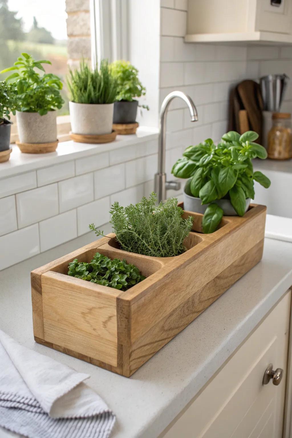 Minimal oak herb trough on the counter—nursery pots tucked in, pebbles for easy cleanup.