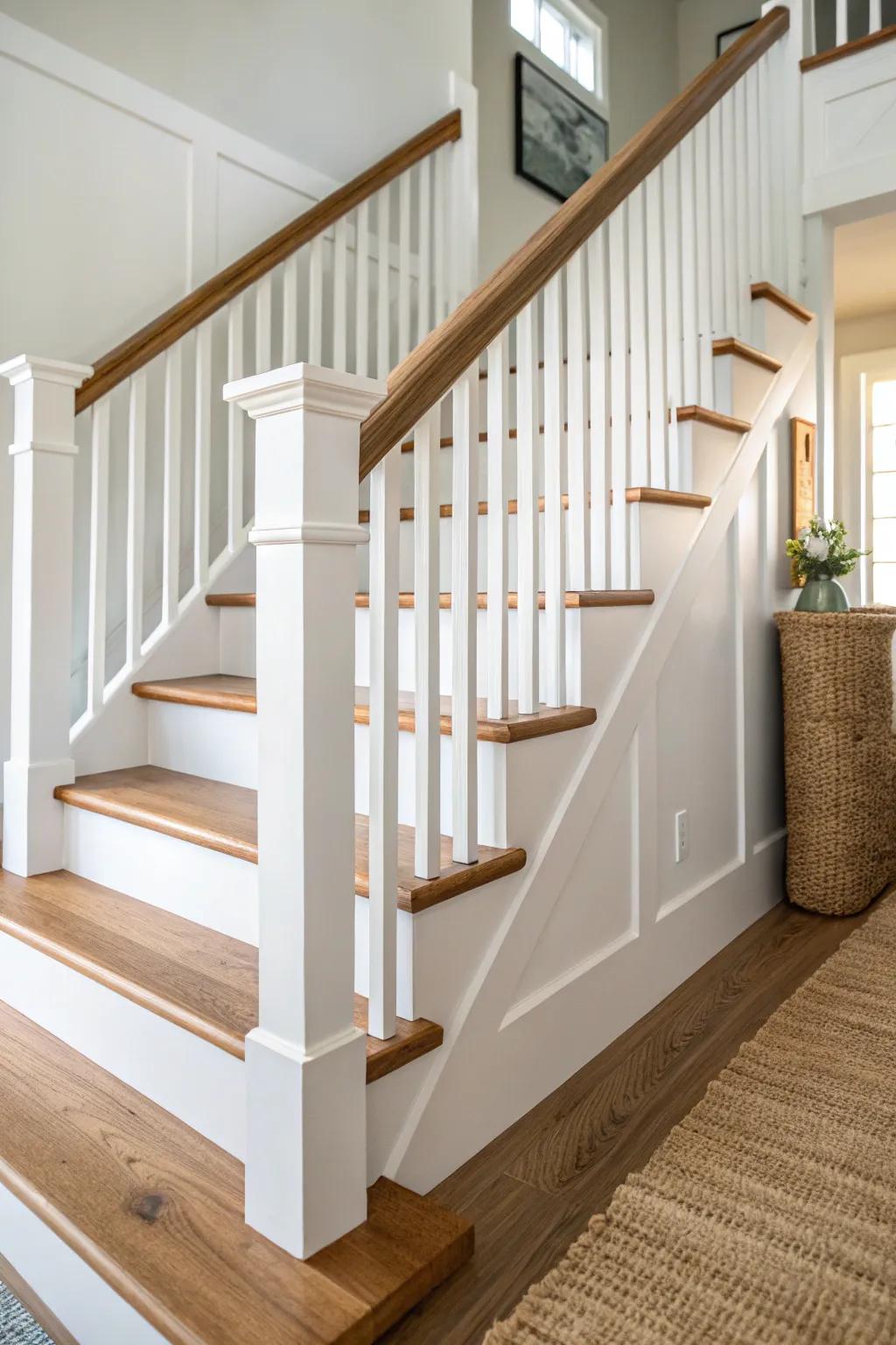 Modern farmhouse railing: crisp white balusters with a warm stained wood handrail.