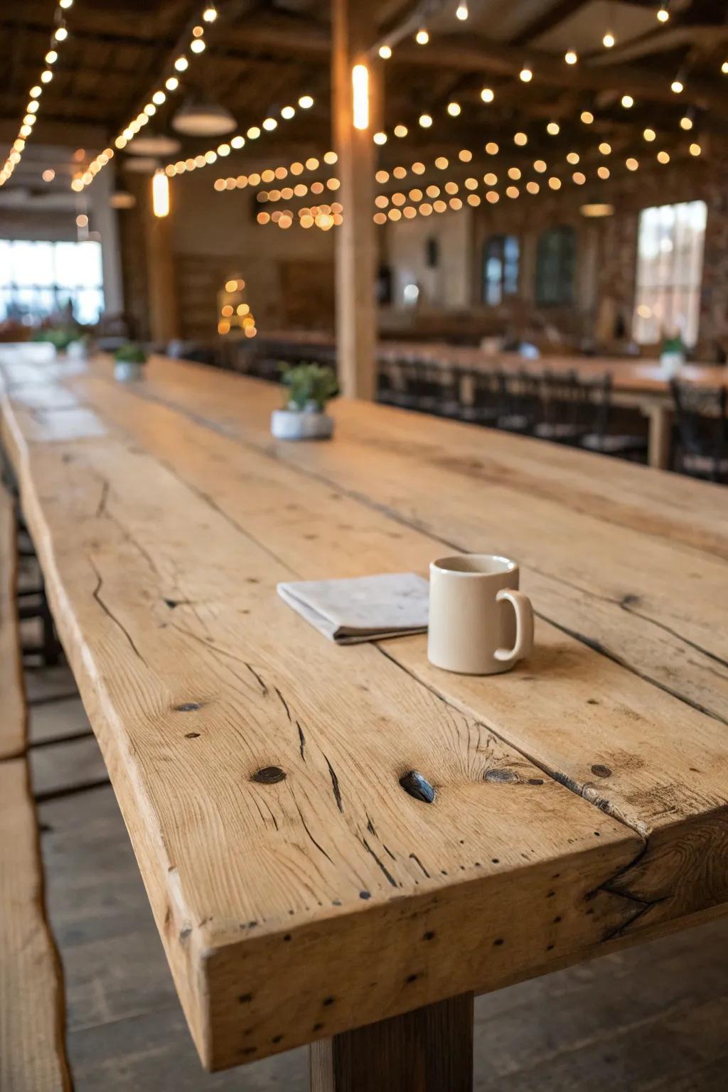 Bare wood farm tables let the grain shine—natural, warm, and effortlessly wedding-ready.