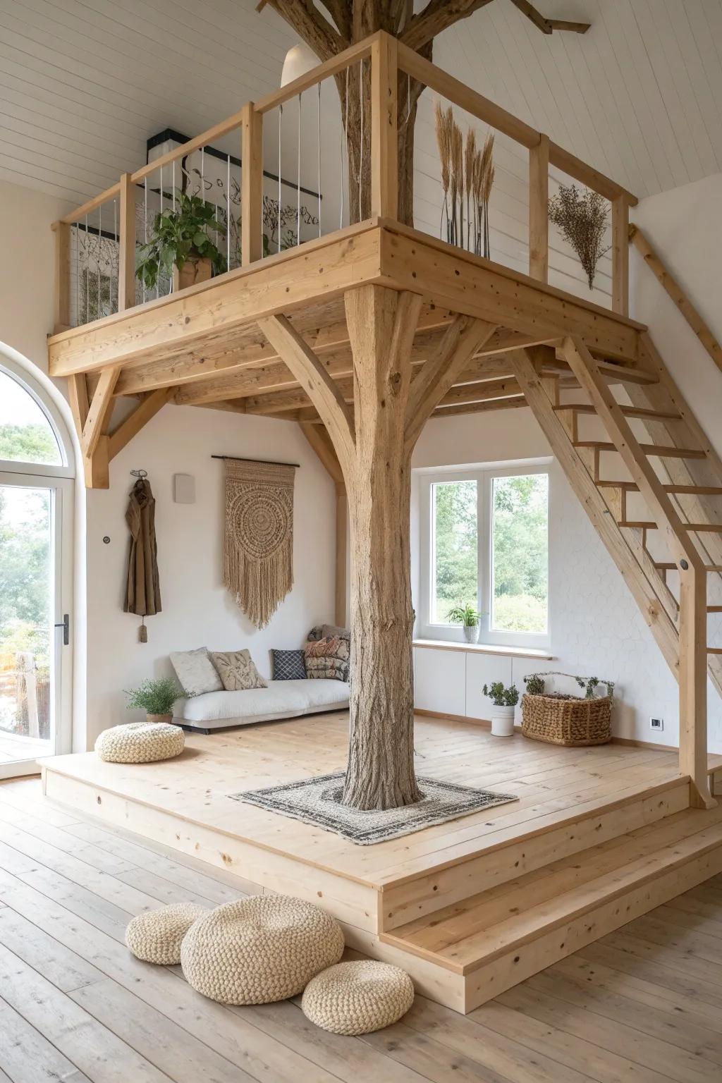 A low indoor platform treehouse with smooth oak railings—safe, cozy, and beautifully minimal.