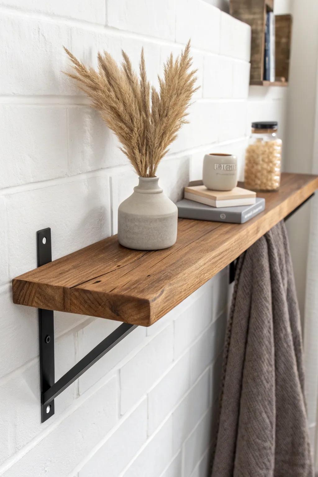 Thick oak + slim steel brackets: floating shelves that feel light, modern, and industrial.