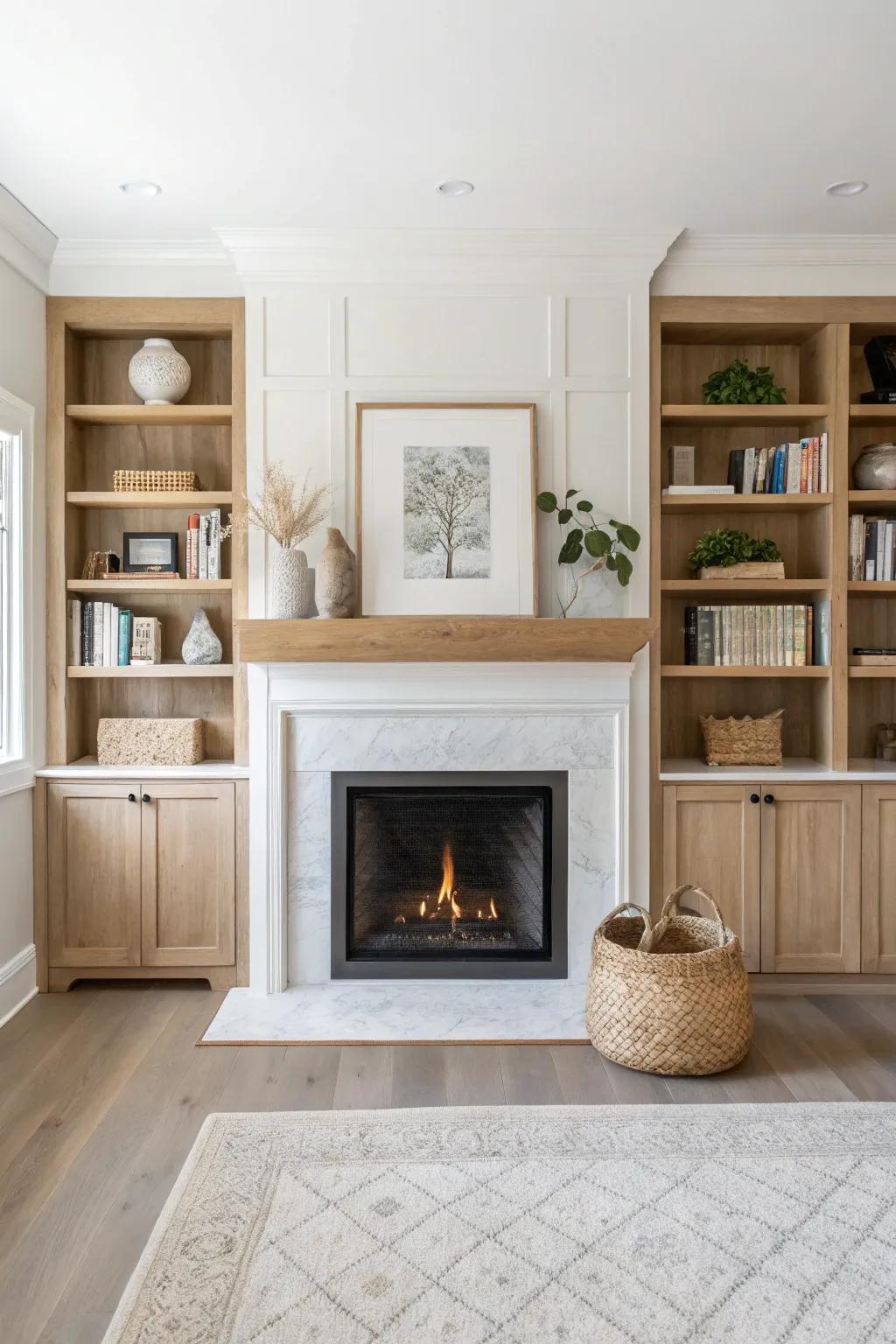 Symmetrical oak built-ins make this inset fireplace feel perfectly recessed and serene.