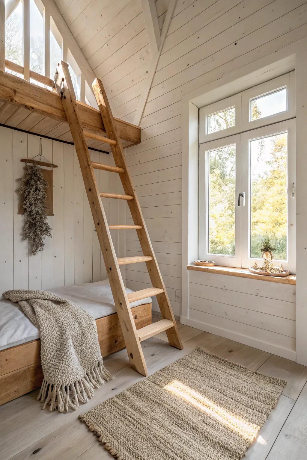 A cozy loft platform with a smooth wood ladder—simple, space-smart, and treehouse-fun.
