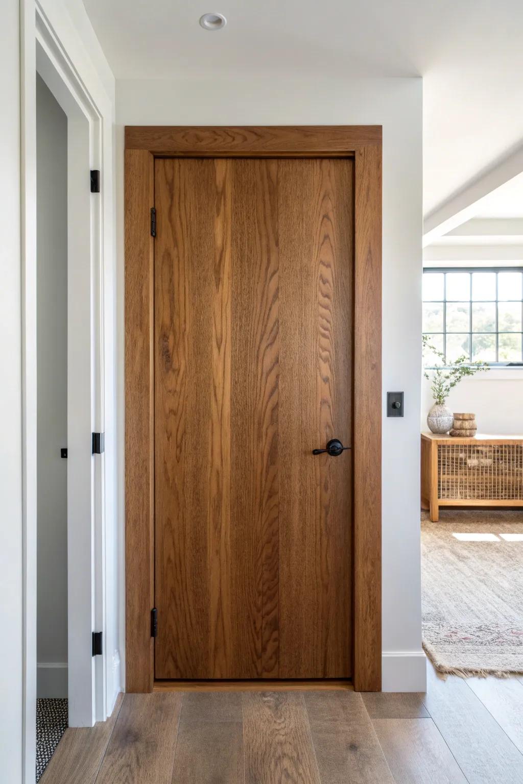 Warm stained wood basement door—natural grain, satin finish, and cozy minimalist contrast.