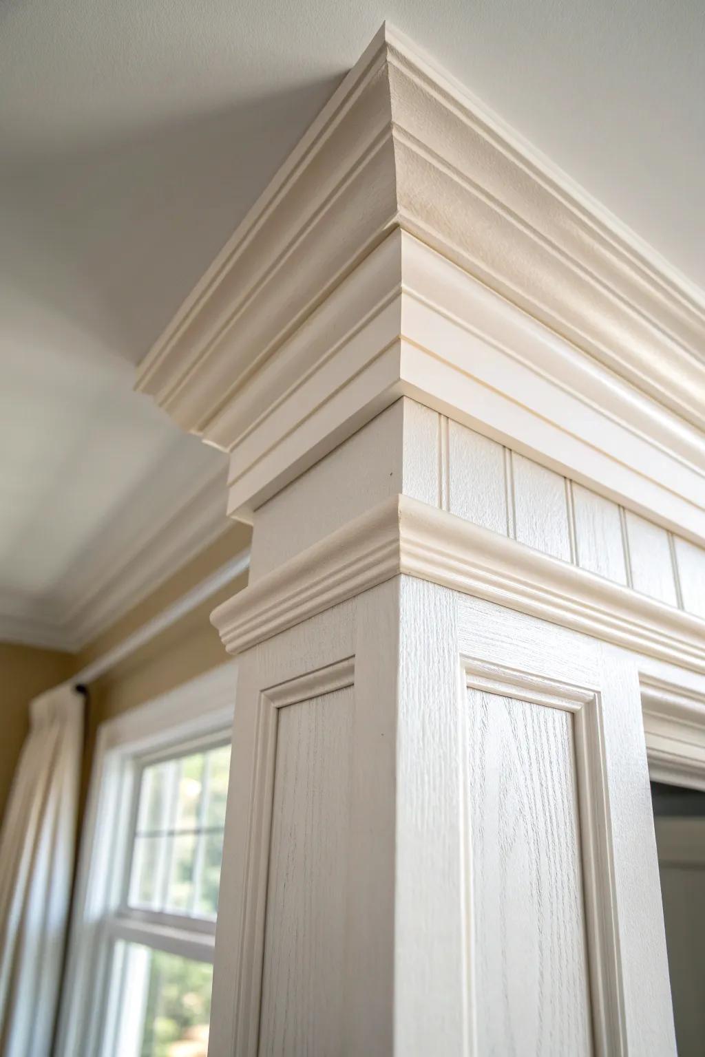 Layered built-up crown molding adds colonial depth—beautiful shadow lines with a clean, airy finish.