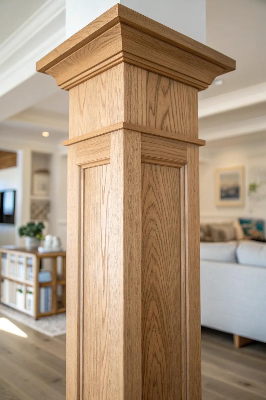 Recessed panel Craftsman column wrap—clean lines, warm oak, and architectural polish.