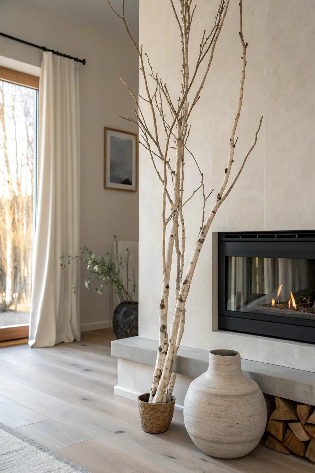 Birch branches by the fireplace: an effortless, cozy corner with clean Scandinavian calm.