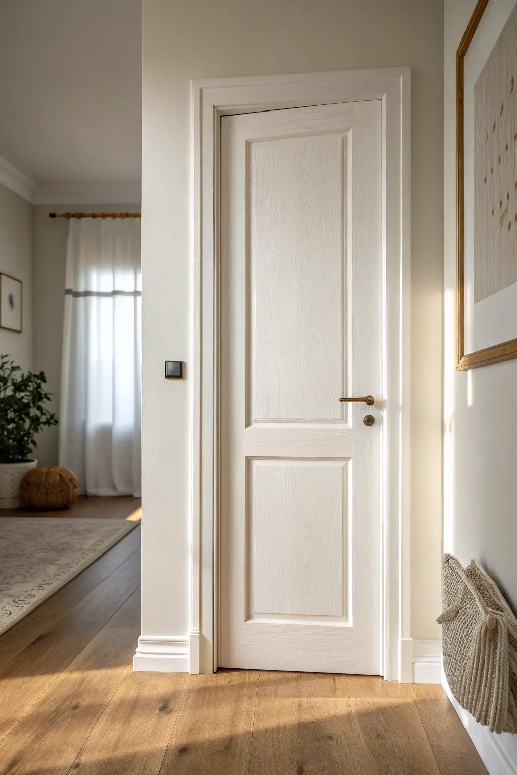 Soft white doors with warm white trim—subtle contrast that feels layered, calm, and intentional.