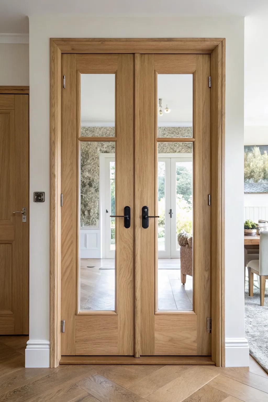 Light oak French double doors with clear glass and a sleek latch—bright, focused home office.