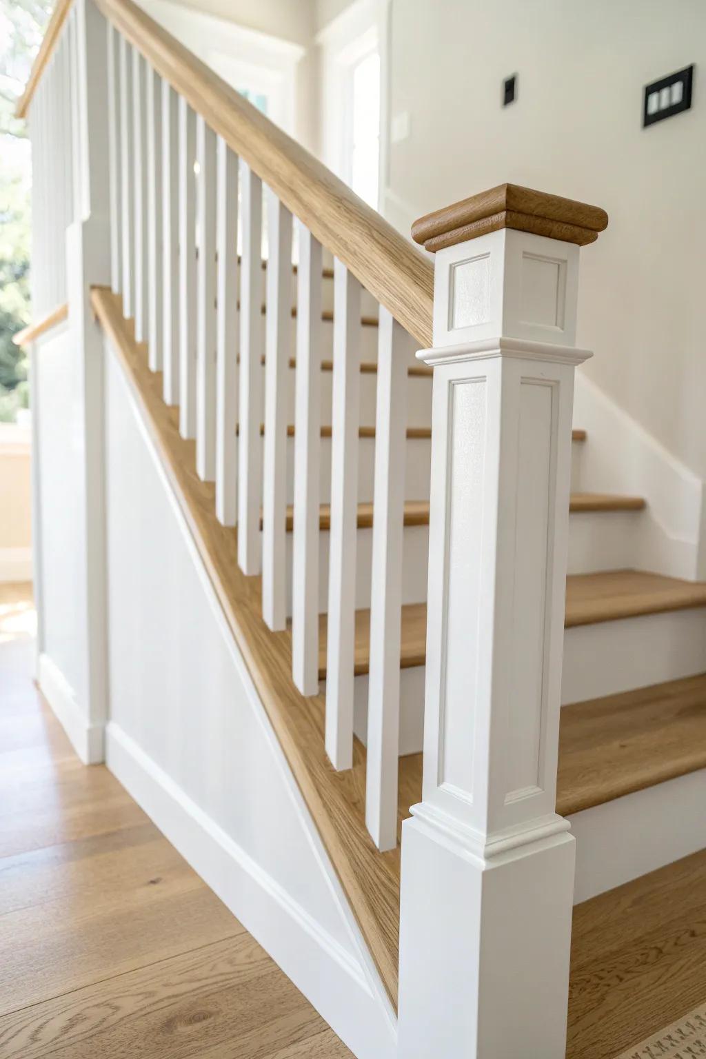 Crisp white spindles topped with warm natural wood—clean, cozy farmhouse railing contrast.