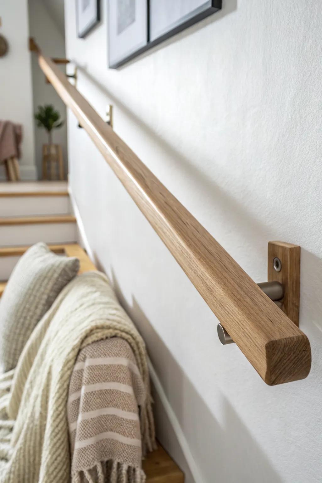 Clean square-profile oak rail—crisp lines, soft chamfer, and a tailored modern look.