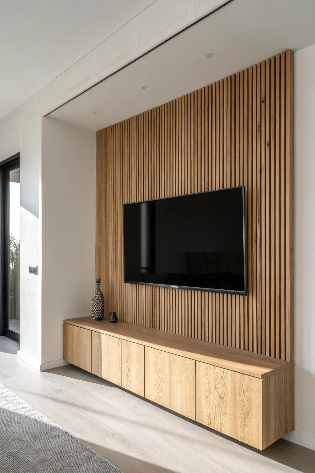 Oak slat TV media wall with a hidden cable chase—clean, built-in, and effortlessly cozy.