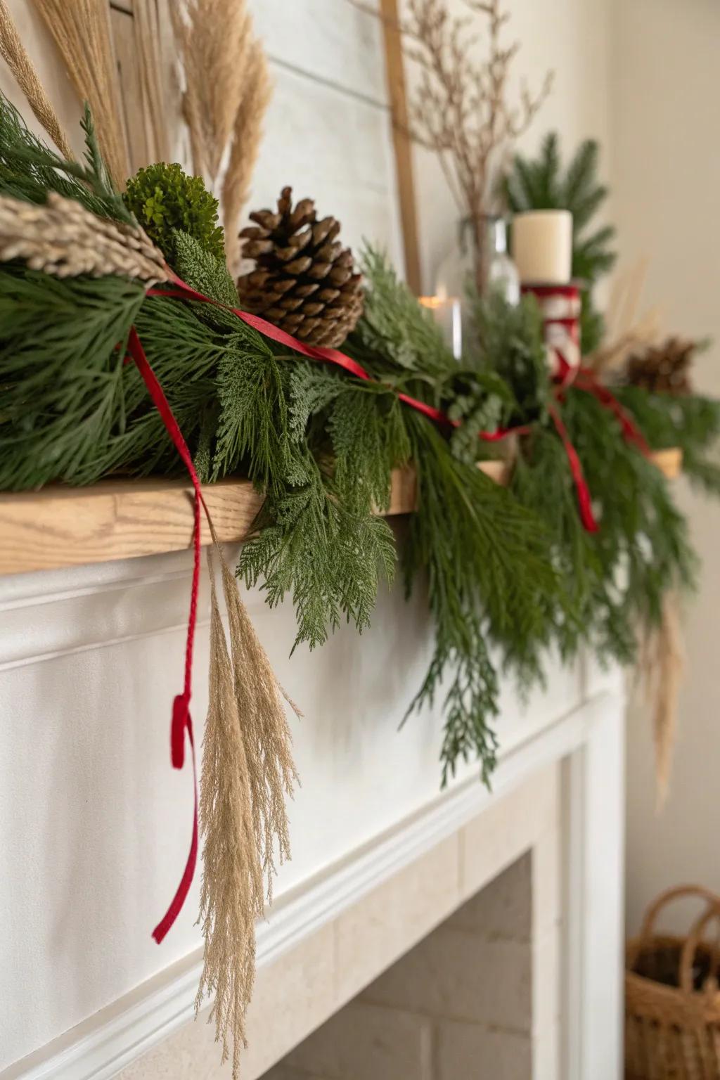Evergreen garland, minus the sparkle—just winter greens and a calm, minimalist mantel.