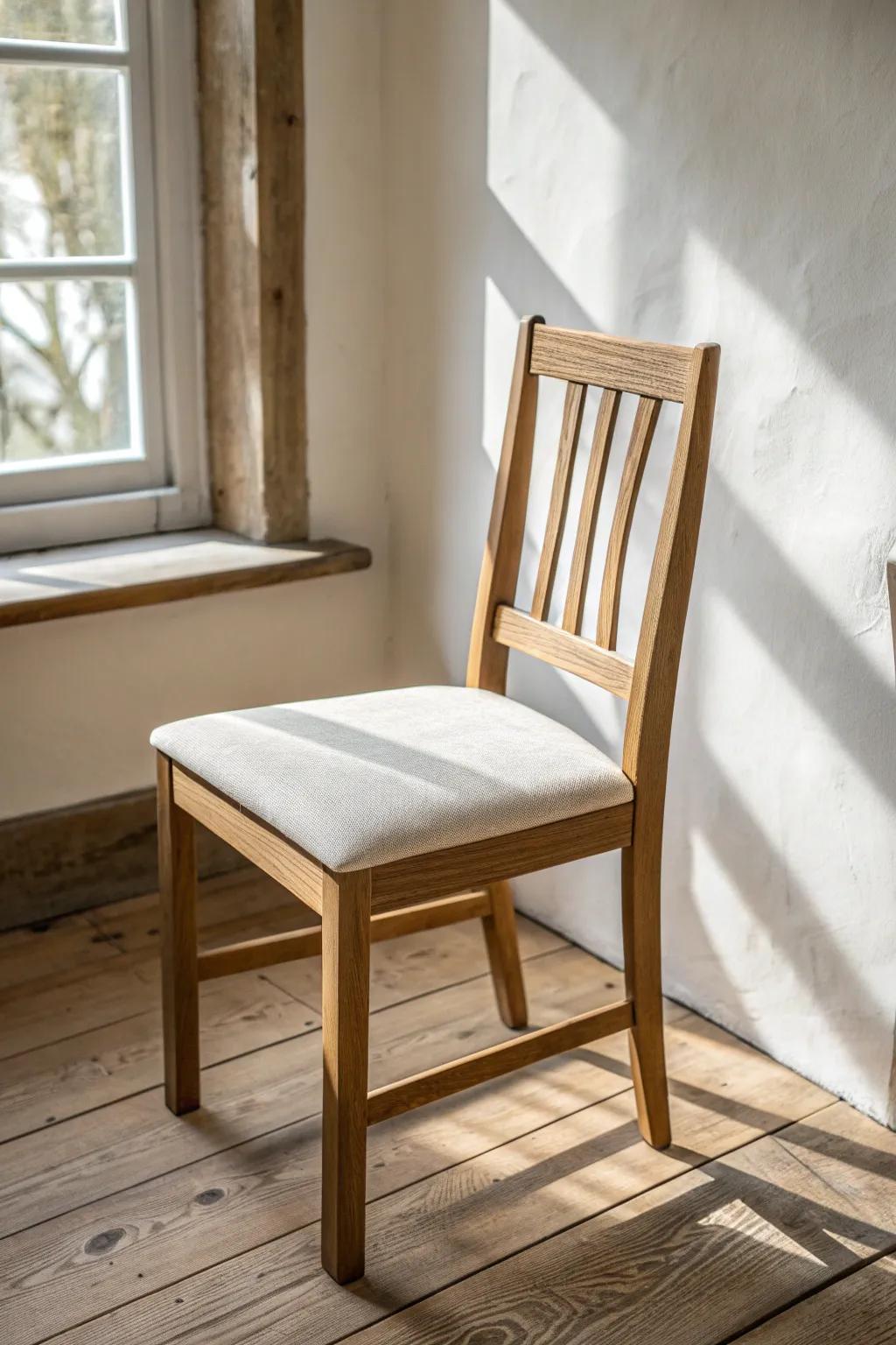Streamlined oak chair + oatmeal linen cushion for effortless Japandi dining room calm.