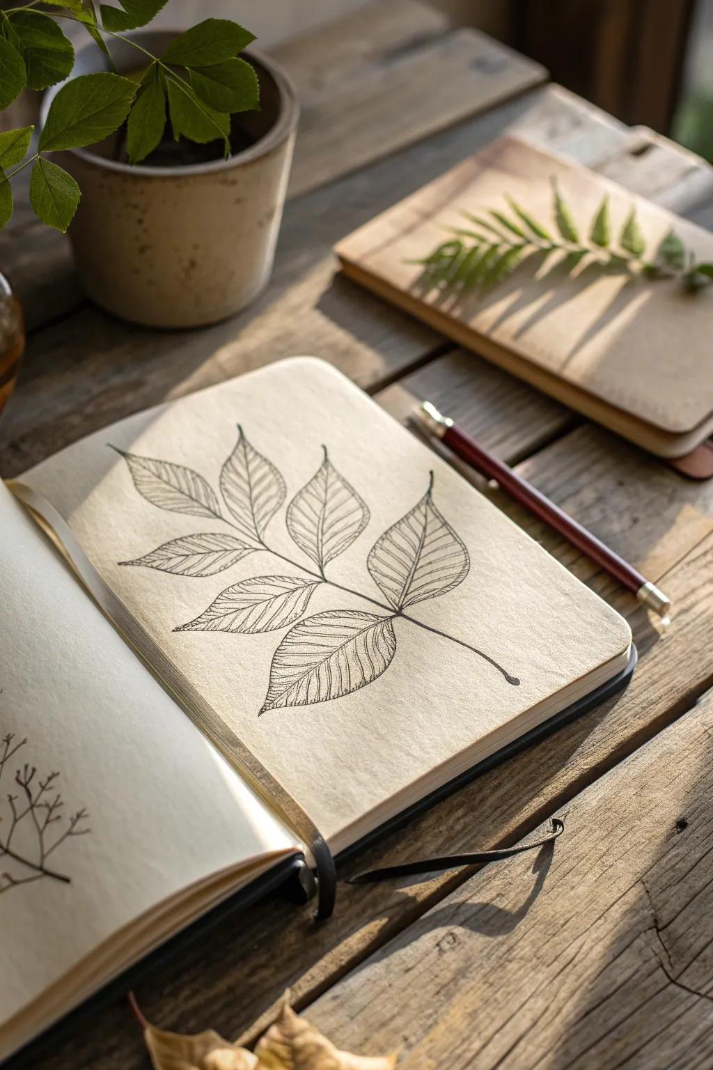 Embrace the art of simplicity with layered leaf sketches, turning your journal into a canvas of natural beauty.