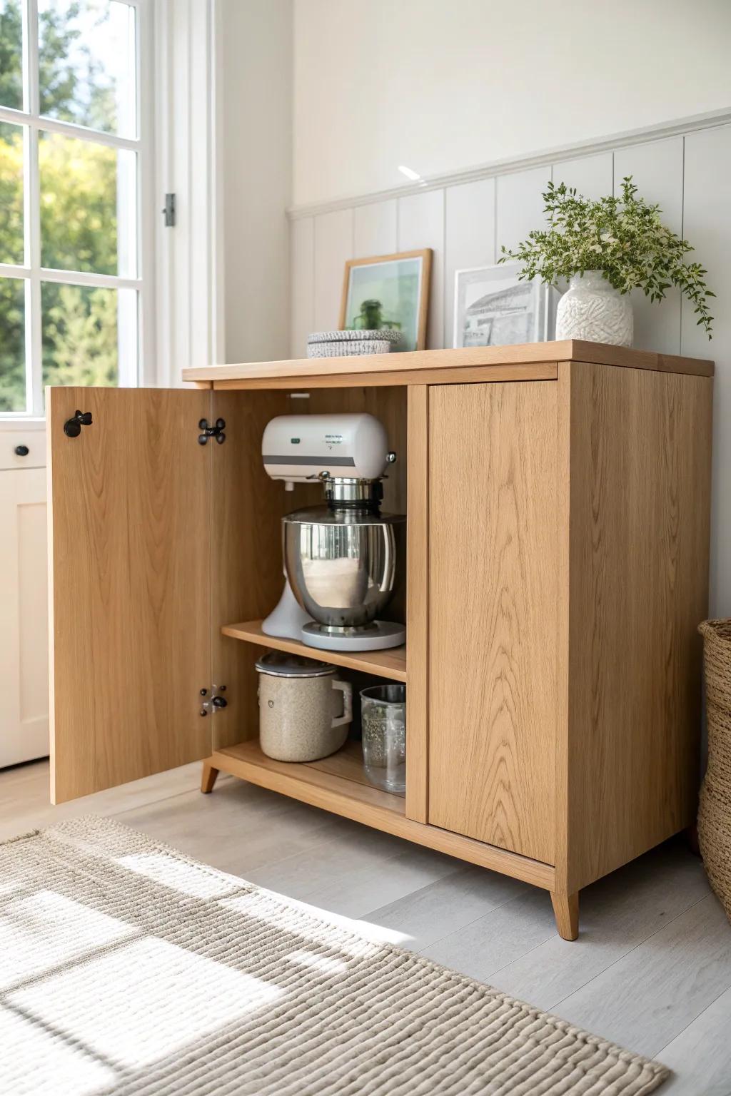 A calm baking station: a sleek oak appliance garage that hides the mixer in seconds.