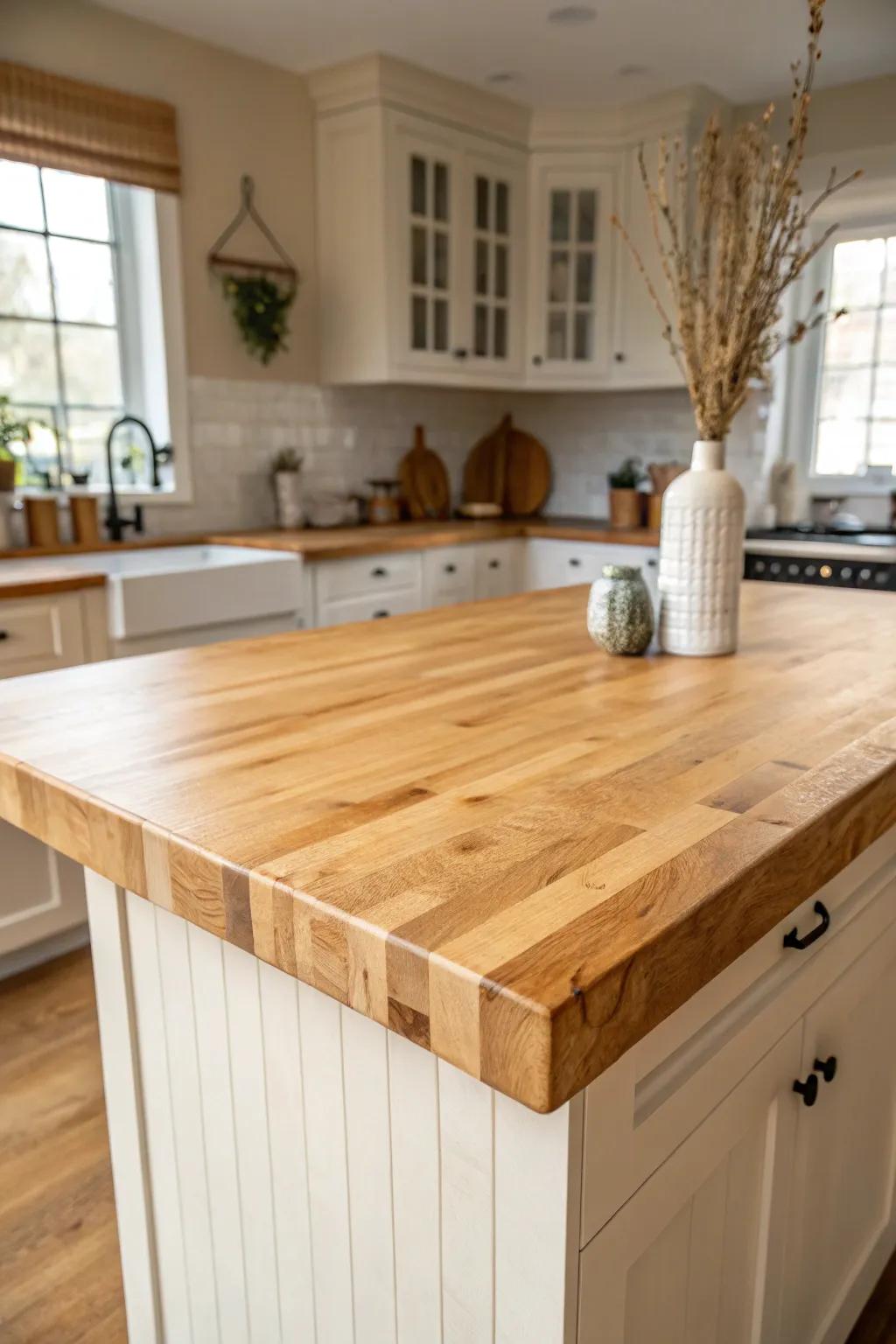 A thick, warm butcher block bar top that softens the kitchen and wears beautifully over time.