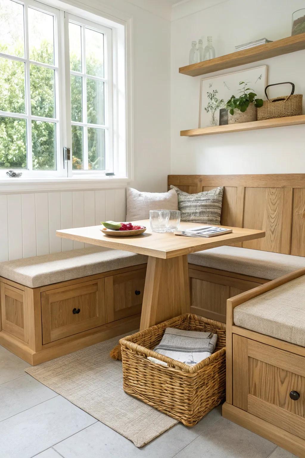 A cozy oak banquette with hidden storage—minimal, bright, and beautifully crafted.