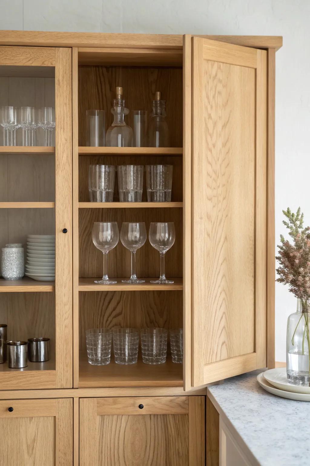Clear glassware grouped by height in a warm oak cabinet—tidy, airy, and effortlessly chic.