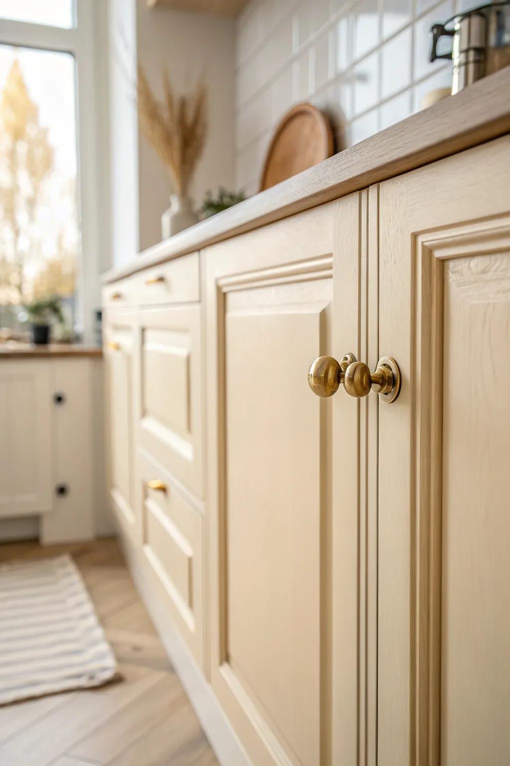 Warm creamy off-white cabinets with brass hardware for a cozy, softly elevated kitchen look.