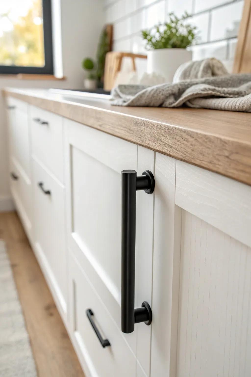 Matte black pulls add crisp, modern contrast—an easy weekend swap that sharpens the whole kitchen.