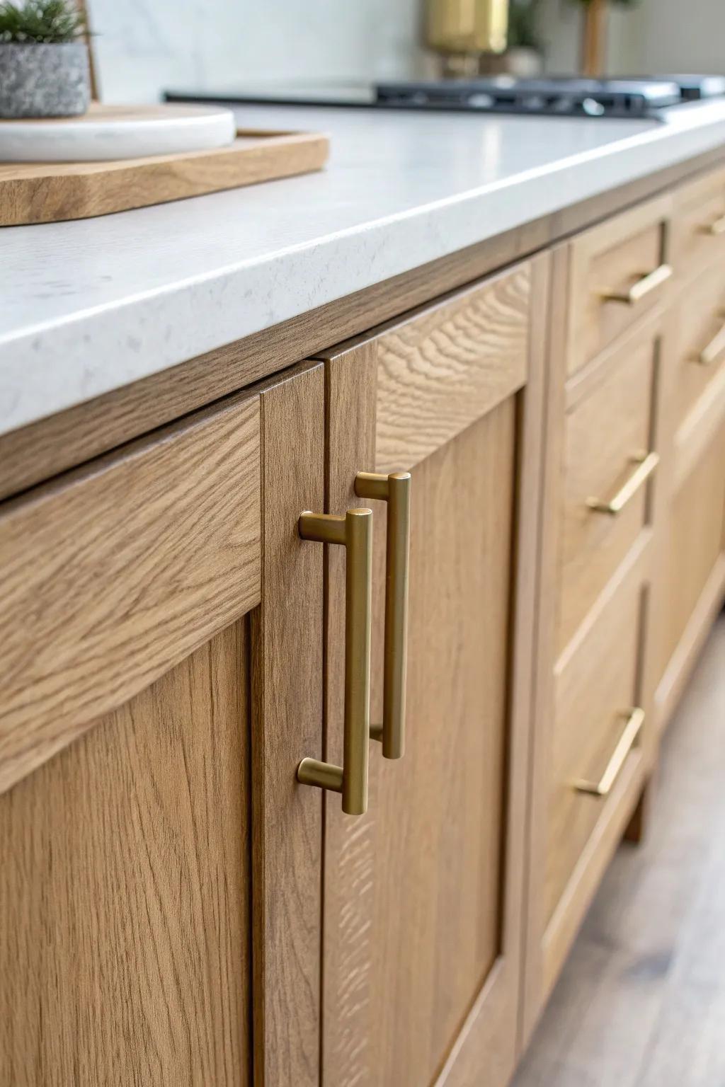 A simple swap: modern brass hardware on light oak instantly refreshes your cabinets.