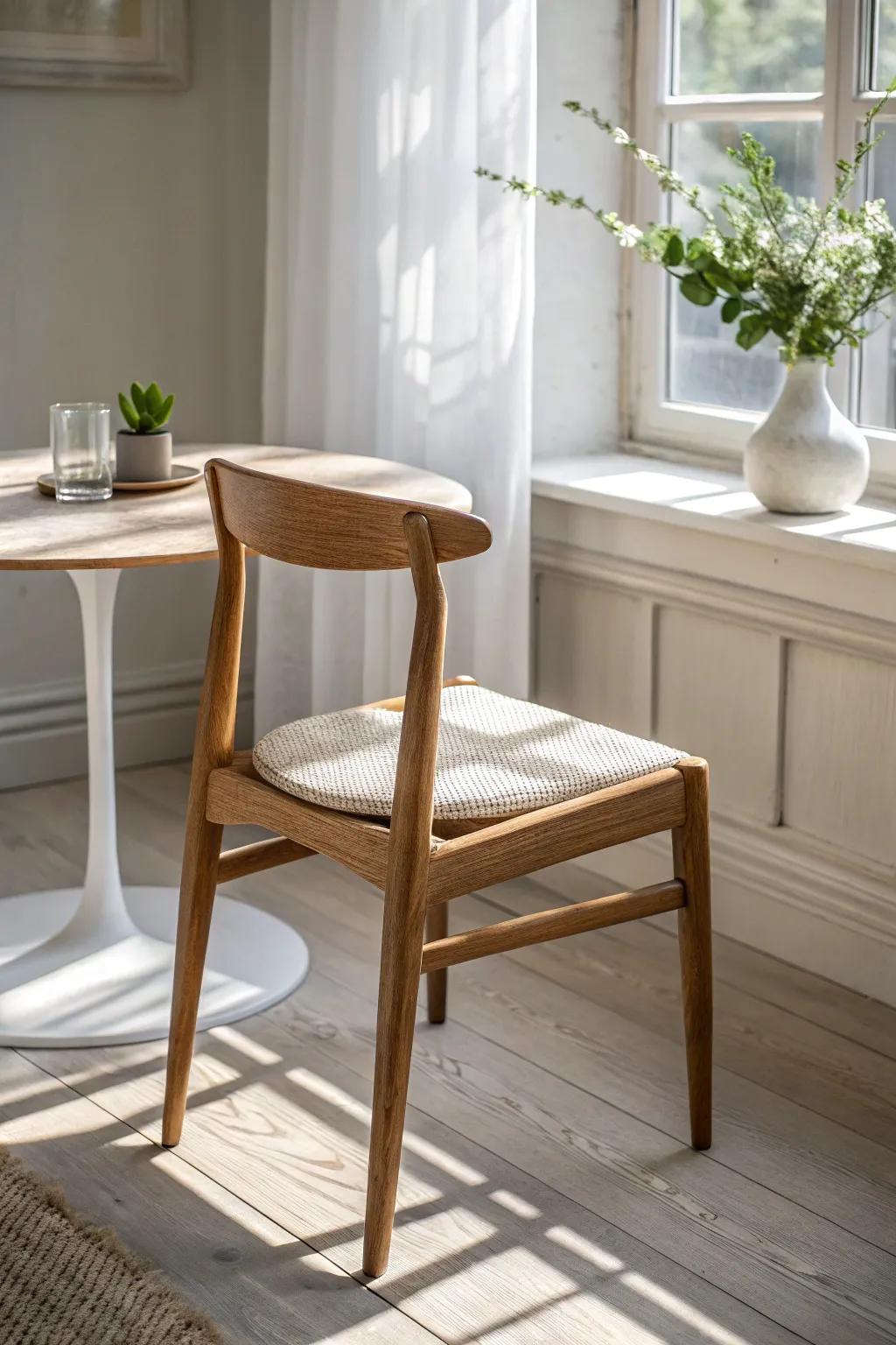 Sunlit breakfast nook style: natural wood chair warmth with airy Scandinavian calm
