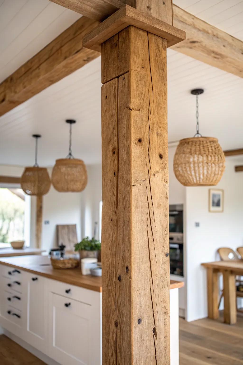 Reclaimed wood beam box column that turns a plain post into cozy farmhouse architecture.